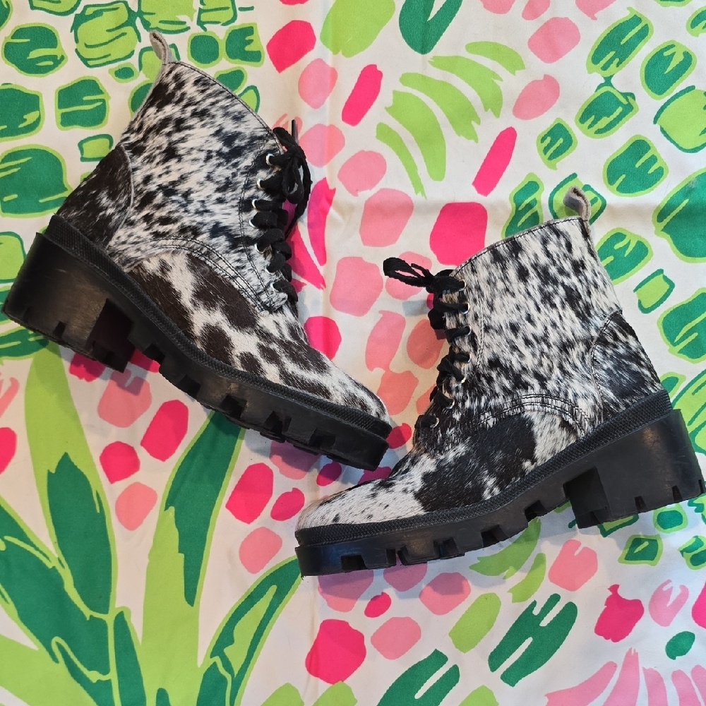 Black & White Cowhide Lace-Up Lug Boots